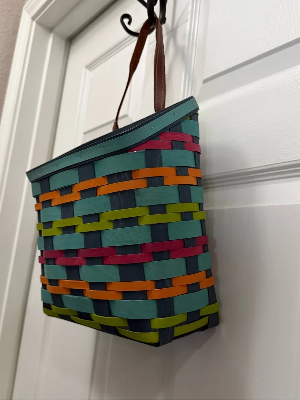 Longaberger Multicolor Woven Basket Tote - Teal, Orange, Lime & Magenta